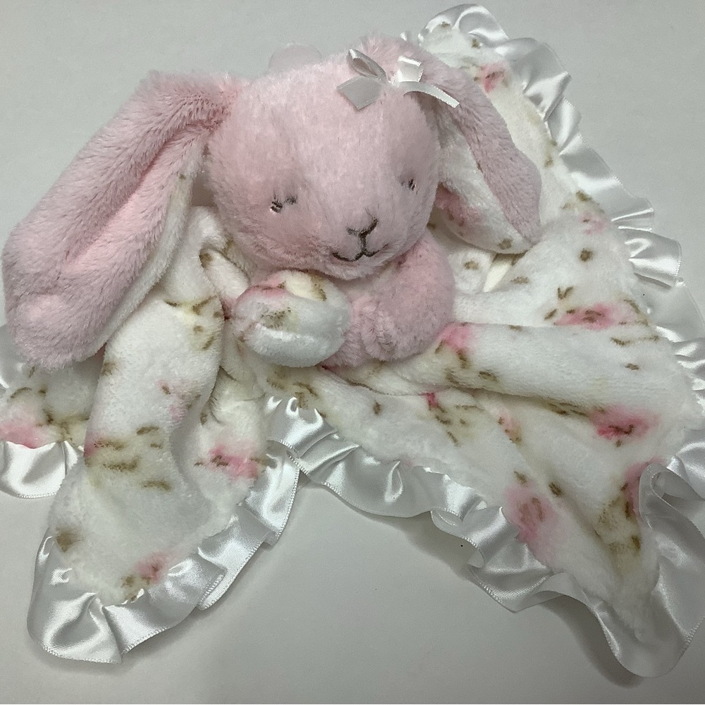 Little Me Bunny Rabbit Lovey Baby Plush Security Blanket Satin Pink Floral Girls